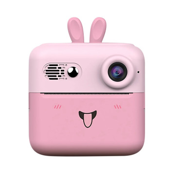 Set Camera Instantanee pentru Copii, Cyrax, Ecran HD 2.4'', 24MP, 720P Video, 1200 mAh, cu Functie de Printare Alb-Negru, cablu USB-C, Bluetooth, Compatibil iOS/Android, Imprimare APP, Model Iepure, Roz
