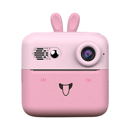 Set Camera Instantanee pentru Copii, Cyrax, Ecran HD 2.4'', 24MP, 720P Video, 1200 mAh, cu Functie de Printare Alb-Negru, cablu USB-C, Bluetooth, Compatibil iOS/Android, Imprimare APP, Model Iepure, Roz