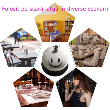 Clopotel Metalic Multifunctional, Cyrax, Alb cu Imprimeu Smiley Face, 7.5x7.5x6.5 cm, Receptie, Restaurant, Cafenele