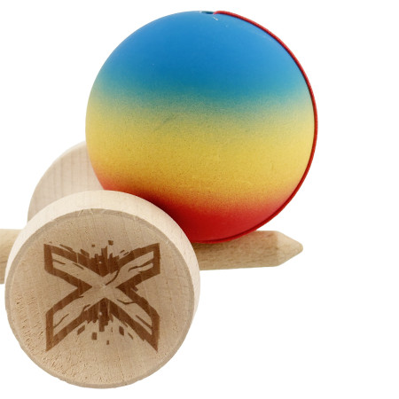 Kendama X Originala, Profesionala, Cyrax, Cupe Mari KING SIZE V3, Rubber Grip, Gaura in Baza, Rulment Metalic, din lemn 18 cm, Ata 62/65 cm, Gradient Albastru/Galben/Rosu
