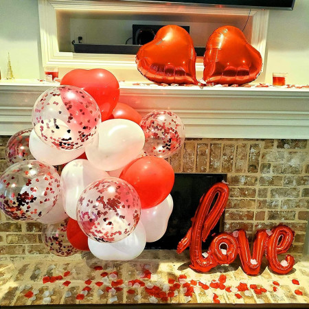 Set 13 Baloane din Folie Metalizata si din Latex, Cyrax, Figurine Litere si Inima, Model Love, Tema Ziua Indragostitilor, Baloane Party cu Confetti, 102x65cm, 45 cm, 30 cm, Pai Inclus, Umflare cu Aer sau Heliu, Rosu