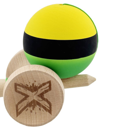 Kendama X Originala, Profesionala, Cyrax, Cupe Mari KING SIZE V3, Rubber Grip, Gaura in Baza, Rulment Metalic, din lemn 18 cm, Ata 62/65 cm, M Galben/Negru/Verde