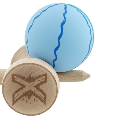 Kendama X Originala, Profesionala, Cyrax, Rubber Grip, Cupe Mari KING SIZE V3, Gaura in Baza, Rulment Metalic, din lemn 18 cm, Ata 62/65 cm, Special Albastru deschis