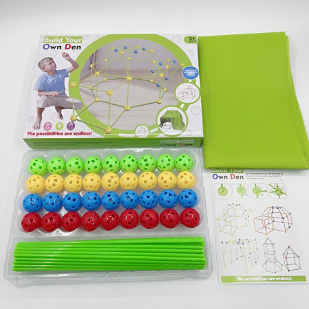 Kit de Constructie Fort 3D pentru Copii, Cyrax, 560 g, 36 Sfere, 51 Tije, Panza Verde Impermeabil, 3 ani, Educativ, Multicolor