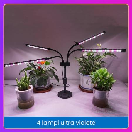 Lampa UV pentru cresterea plantelor,  conectare la retea, 20W, 4 capete, 72 LED-uri, ajustabila pana la 66.5 cm, Lumina Alb Mov 