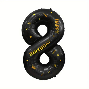 Balon din Folie Metalizata Cyrax, Figurina Cifra, Scris Happy Birthday, Tema Aniversare 100 cm, Ambalaj Individual, Pai inclus, Umflare cu Aer sau Heliu, Negru, Cifra 8