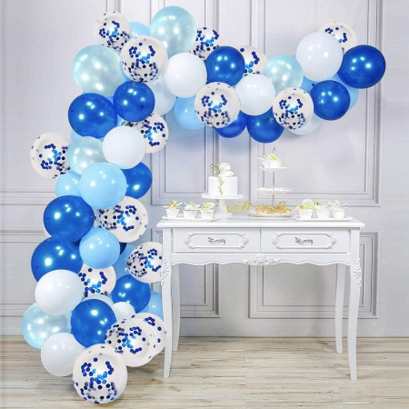 Set 16 Baloane din Latex Metalizate, Cyrax, Model Party, 30 cm, Alb, Albastru, Albastru Chrome, Transparent Confetti 2.8 g
