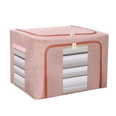 Cutie de Depozitare Pliabila,  66 L, din Bumbac si In, 50x40x33 cm, 2 Ferestre, Frontala si Laterala, 2 Usi de Acces cu Fermoar Bidirectional, Cadru Metalic, Suport Baza Stabil din Plastic, Roz Pudrat