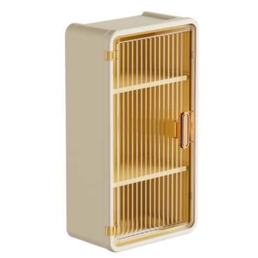 Organizator Cosmetice,  Montare pe Perete fara Perforare, 36.5x10.9x20 cm, cu 3 Rafturi, din PP si ABS, Bej, Usa Transparenta