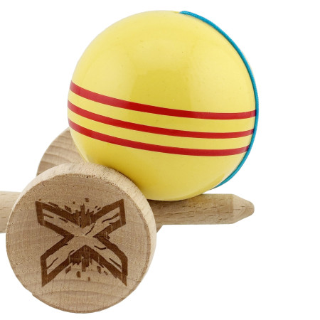 Kendama X Originala, Profesionala, Cyrax, Big Cups V2, Super Sticky Legendary Cupe Mari, Rulment Metalic cu Ata 55 cm, Galben/Linii Rosii
