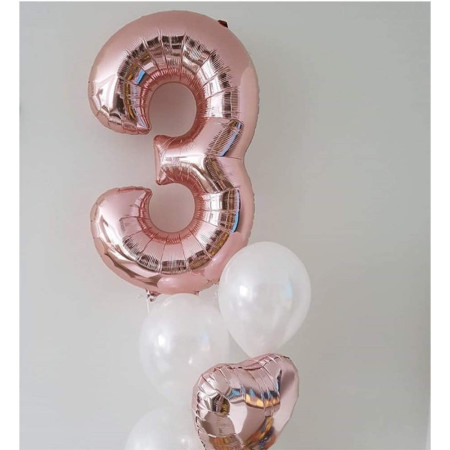 Balon din Folie Metalizata Cyrax, Figurina Cifra, Tema Aniversare 100 cm, Ambalaj Individual, Pai inclus, Umflare cu Aer sau Heliu, Coral, Rose Gold, Cifra 3