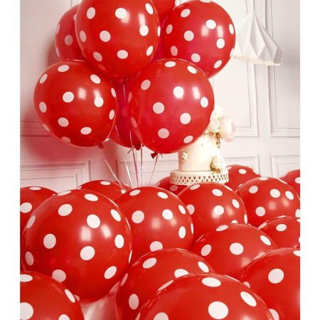 Set 10 Baloane din Latex, Cyrax, Model Party cu Buline, 30 cm, Alb si Rosu, 2.8 g