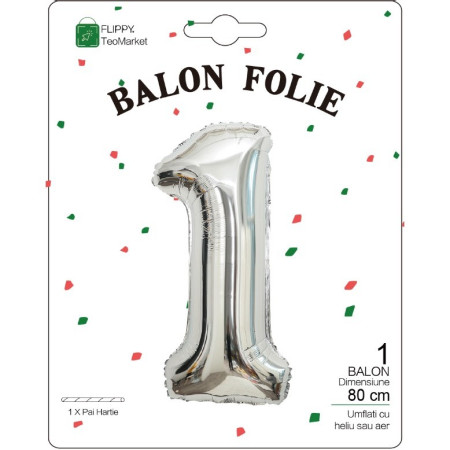 Balon din Folie Metalizata, Cyrax, Figurina Cifra, Tema Aniversare 80 cm, Ambalaj Individual, Pai inclus, Umflare cu Aer sau Heliu, Argintiu, Cifra 1