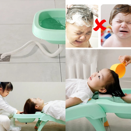 Suport Pliabil pentru Spalat Parul Cyrax, Pentru Copii, cu Scurgere, cu Picioare Antialunecare, Material Polipropilena, Suport Cap Reglabil, cu Manere, 110 x 35 x 21 cm, Verde