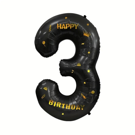 Balon din Folie Metalizata Cyrax, Figurina Cifra si Coroana, Scris Happy Birthday, Tema Aniversare 100 cm, Ambalaj Individual, Pai inclus, Umflare cu Aer sau Heliu, Negru, Cifra 3