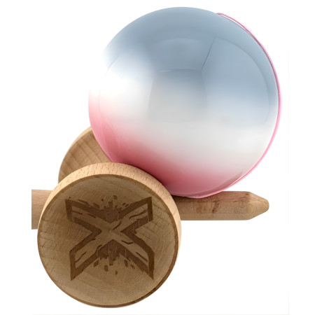 Kendama X Originala, Profesionala, Cyrax, Big Cups V2, Super Sticky Cupe Mari, Rulment Metalic cu Ata 55 cm, Gradient Roz/Alb/Gri