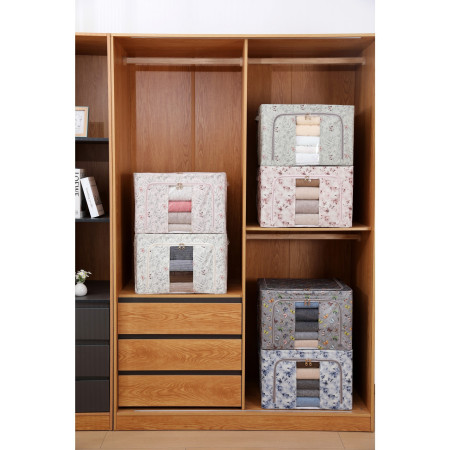 Cutie Depozitare,  66L, din Material Textil, 50 x 40 x 33 cm, pentru Haine si Lenjerii, Model Bambus, Roz