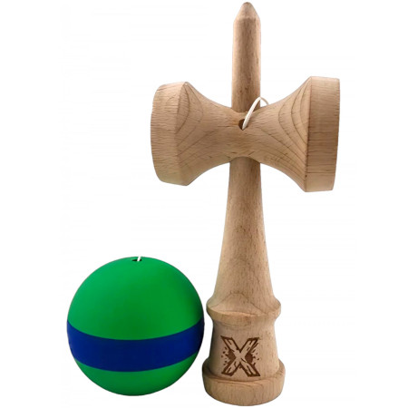 Kendama X Originala, Profesionala, Cyrax, 18 cm, din Lemn, Rubber Grip, Verde/Albastru