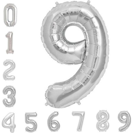 Balon din Folie Metalizata Cyrax, Figurina Cifra, Tema Aniversare 40 cm, Ambalaj Individual, Pai inclus, Umflare cu Aer sau Heliu, Argintiu, Cifra 9