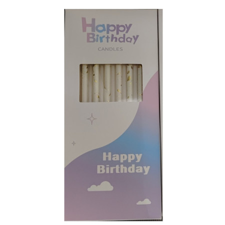 Set 6 Lumanari Lungi, Cyrax, din Parafina, 10 x 0.5 cm, Happy Birthday, Alb/Auriu