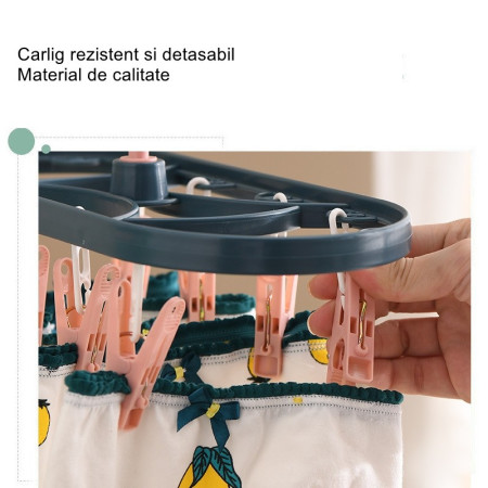 Uscator de Rufe Suspendat  cu 12 Carlige, Rotire 360 Grade, Protectie Vant, Mateiral Plastic, Usor de Depozitat, Multifunctional, 30 x 12.5 cm, Albastru/Roz