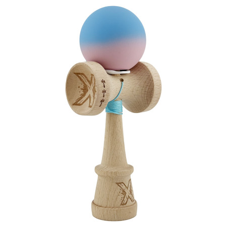 Kendama X Originala, Profesionala, Cyrax, Rubber Grip, Cupe Mari KING SIZE V3, Gaura in Baza, Rulment Metalic, din lemn 18 cm, Ata 62/65 cm, Gradient Albastru/Roz