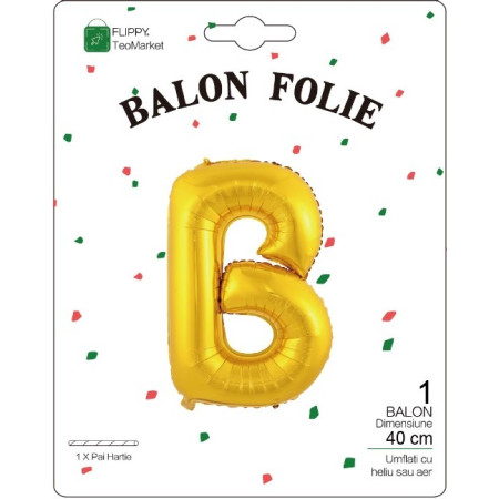 Balon Folie Metalizata Litera B, Cyrax, 40 cm, Umflati cu Heliu sau Aer, Ambalaj Individual, Pai inclus, Auriu