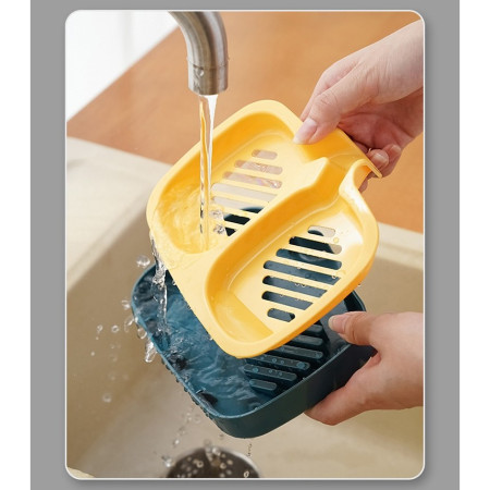 Savoniera Dubla,  Sistem de Scurgere a Apei, din ABS, 14.5 x 18 x 3 cm, Albastru/Galben