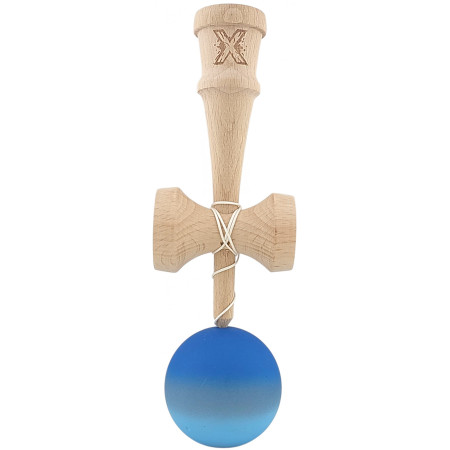 Kendama X Originala, Profesionala, Cyrax, din Lemn, Rubber Grip, 18 cm, Albastru inchis/Gri/Albastru deschis