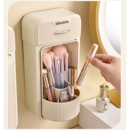 Organizator Baie, Cyrax, 4 Compartimente si 1 Sertar, Rotire 360 Grade, din PP+PET, 27.5 x 16 x 11 cm, Crem