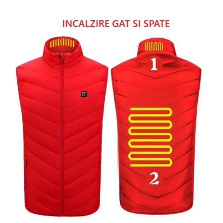 Vesta cu Incalzire,  Unisex, 2 Zone de Incalzire, Umplutura Bumbac, 3 Trepte de Temperatura, Incarcare USB, Rosu, 74 - 84 kg, Marime XXXL
