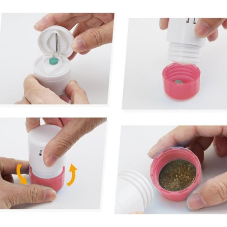 Cutie Pastile Multifunctionala,  4 in 1, Pahar Apa, Taiere, Sfaramare, Depozitare, Compact, ABS cu Lama din Inox, Alb/Roz, 8.7x6.2x4.1 cm