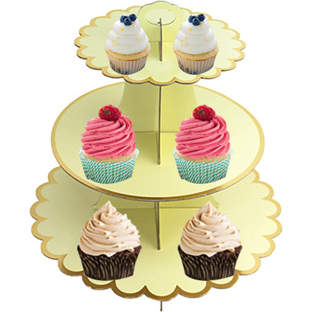 Etajera pentru Prajituri, Cyrax, din Carton, 3 Nivele, 16/22/29 cm Diametru, Inaltime 38 cm, Galben