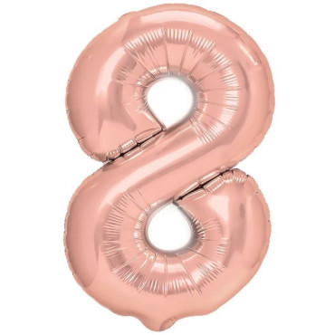Balon din Folie Metalizata Cyrax, Figurina Cifra, Tema Aniversare 100 cm, Ambalaj Individual, Pai inclus, Umflare cu Aer sau Heliu, Coral, Rose Gold, Cifra 8