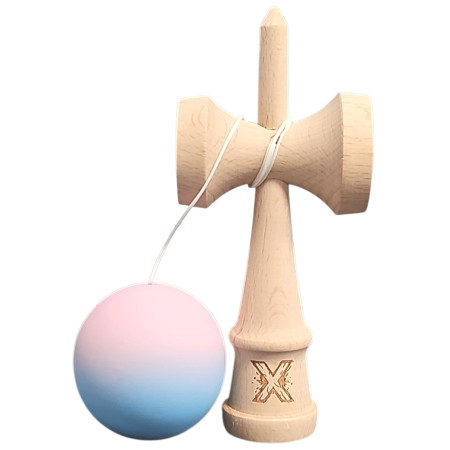 Kendama X Originala, Profesionala, Cyrax, din Lemn, Rubber Grip, 18 cm, Lila/Turcoaz