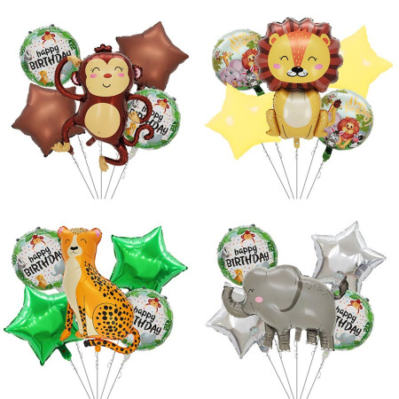 Set 5 Baloane din Folie Metalizata, Cyrax, Figurine, Tema Aniversare Jungla, Pai Inclus, Ambalaj Individual, Umflare cu Aer sau Heliu, Figurina Leu 69.5x101 cm, Stelute si Cerculete 45 cm, Multicolor