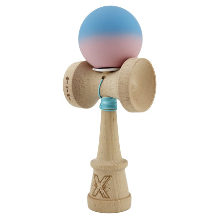 Kendama X Originala, Profesionala, Cyrax, Rubber Grip, Cupe Mari KING SIZE V3, Gaura in Baza, Rulment Metalic, din lemn 18 cm, Ata 62/65 cm, Gradient Albastru/Roz