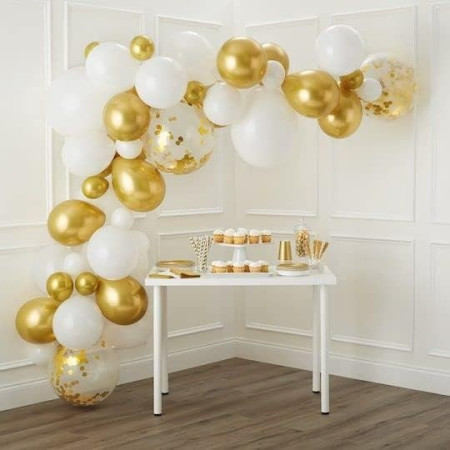 Set 16 Baloane din Latex, Cyrax, Model Party, 30 cm, Alb, Auriu, Transparent Confetti, 2.8 g