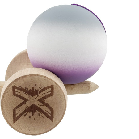 Kendama X Originala, Profesionala, Cyrax, Rubber Grip, Cupe Mari KING SIZE V3, Gaura in Baza, Rulment Metalic, din lemn 18 cm, Ata 62/65 cm, Gradient Gri/Alb/Mov