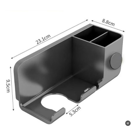 Suport de Baie,  pentru Uscator de Par, cu Organizator Dublu, din Plastic, Aplicare cu Suport Adeziv, 23 x 8.8 x 9.5 cm, Gri