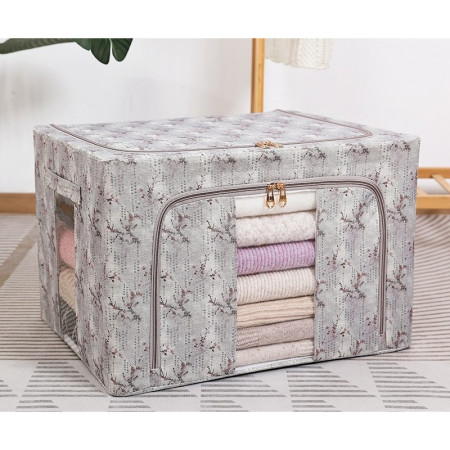 Cutie Depozitare,  66L, din Material Textil, 50 x 40 x 33 cm, pentru Haine si Lenjerii, Model Flori de Primavara, Gri