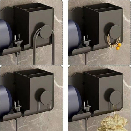 Suport de Baie,  pentru Uscator de Par, cu Organizator Dublu, din Plastic, Aplicare cu Suport Adeziv, 23 x 8.8 x 9.5 cm, Negru
