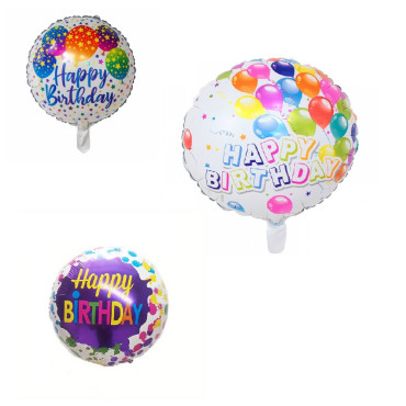 Set 3 Baloane din Folie Metalizata, Cyrax, Mini Figurina Rotunda, Model Happy Birthday, 45 cm, Ambalaj Individual, Pai inclus, Umflare cu Aer sau cu Heliu, Multicolor
