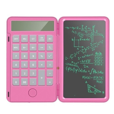 Calculator de Mana Reincarcabil cu Tabla de Scris,  Calculator Portabil, Ecran LCD, Afisaj cu 12 Cifre, Ecran de 15 cm, Culoare Roz