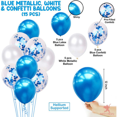 Set 15 baloane pentru petrecere, Cyrax, albastru/ alb, 30 cm