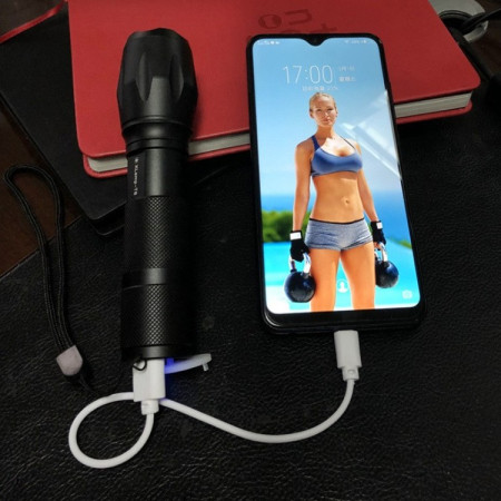 Lanterna Power Bank LED,  Incarcare USB, Raza 300m, 5W, Model T9 Telescopic 14.7 -15.7 cm, Functie Zoom si Incarcare Telefon, Negru