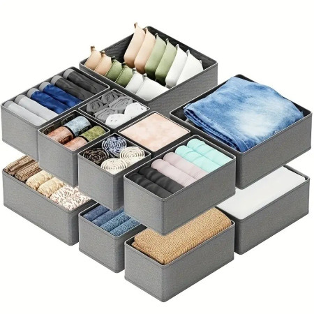 Organizator pentru Sertar,  3 Marimi, pentru Lenjerie, Tricouri, Sosete, 6 Piese, Pliabil, Stivuibil, din Tesatura, Gri
