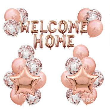 Set baloane folie si latex, Cyrax, WELCOME HOME, 22 de piese, 20 baloane latex, 2 baloane stea Folie, 1 set Welcome Home, Rose gold metalic