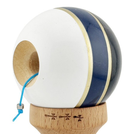 Kendama X ROYAL SPIKE Originala, Profesionala, Cyrax, Big Cups V2, Super Sticky cu Cupe Mari, Rulment Metalic, din lemn 18 cm, Ata 55 cm, Negru/Dark Blue Gold/Alb