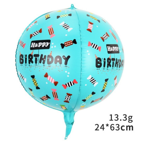 Balon din Folie Metalizata, Cyrax, Figurine 4D, Model Happy Birthday, Tematica Aniversara Bombonele, 63x24 cm, Ambalaj Individual, Pai Inclus, Umflare cu Aer sau Heliu, Blue